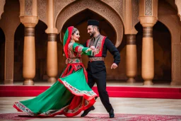 1 man and 1 woman in Azerbaijan costume ,dancing Azerbaijan folk dance together