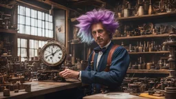 A brilliant clockmaker with wild colored hair in a work shop, 8k, high quality, trending art, trending on artstation, sharp focus, studio photo, intricate details, highly detailed, by tim burton