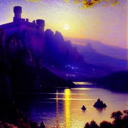 Drawing of 'Medieval Romanian Castle',mountain,lake,full moon, by gaston bussiere, greg rutkowski, yoji shinkawa, yoshitaka amano, tsutomu nihei, donato giancola, tim hildebrandt, oil on canvas, cinematic composition, extreme detail,fit full head inside picture,16k