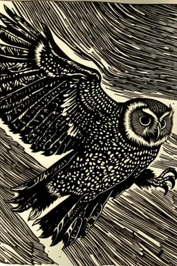 Block print tawny owl in flight