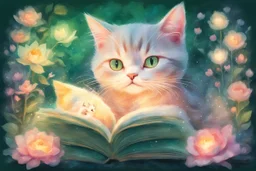double exposure, merged layers, diaphanous colorful transparent light cute chibi cat mother reads a fairytale book to his baby kitten in a bed, flower tapestry, in a bedroom in candlelight with glowing center on green leaves and flowers, heart and love, pastel colors, melting watercolor on wet paper, soft strokes, shading colors, ethereal, otherwordly, cinematic postprocessing, bokeh, dof in sunshine