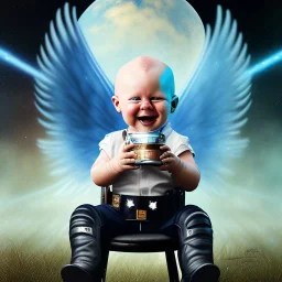 a happy human baby policeman called tobias leander with no hair,halo, wings, drinking, sitting in chair, photo realistic spray painting, dark wood background, book cover illustration