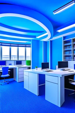 The office desks are hung on the walls in an oval shape, and the color of the walls is blue and the floor is white