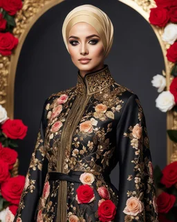 Luxury potrait of a beautiful super model hijab beauty makeup cosmetic,she wearing islamic a luxurious details pattern color gold and black casual jacket with designed large flower details that resemble roses.The dress has an asymmetrical design with one sleeve and a flowing skirt.background of the image shows a red carpet event with floral decorations,close-up portrait