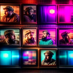 vintage photos arranged in a 2X2 grid, a fat, bearded man (watching tv:1.8),,comic book panels, multiple angles, a mixture of lighting and color palettes.