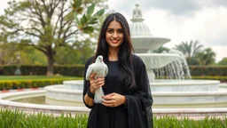 Hyper Realistic Photographic Front View Of A Beautiful Young Pakistani Pashto Woman (With Beautiful Long Black Hair) Wearing A Beautiful Black Dress With Black Embroidery And Black Dupatta; Happily Holding A White Pigeon And Standing With Green Grass With A White Marble Water Fountain Behind Her At Beautiful Cloudy Day Showing Dramatic And Cinematic Ambiance.