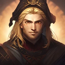 Character Portrait, Male, Grand pose, Blonde Hair, Killer Eyes, Headband on Forehead, Medieval Clothing, Short Goatee, Fitness, Long Black Pants, Medieval Hem, Dark Shadow, Intricate Eyeliner, Soft Round Eyes, Beads in Hair , 8k resolution, cinematic smooth and intricate details, vibrant colors, realistic details, masterpiece, oil on canvas, smoky background, D&D.