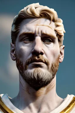 Realistic image, Roman sculpture made in white marble with gold veins, Lionel messi with gold halo crown, two blue brushes, decorative star on the chest, waist up portrait, marble material, gold ornaments, Baroque style, sun rays background, epic, celestial, cinematic lighting, God lights, 4k resolution, smooth details, soft lighting, unreal engine 5, art station, substance 3d.