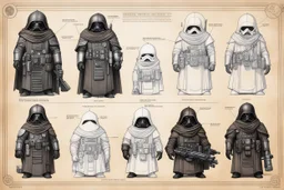 ConceptSheet blueprint [Jawa dwarf by Hans Ruedi Giger]: Star Wars Jawas aligned EDC unpacked equipment for the dunes and trade