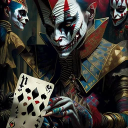 harlequin character, playing cards with other people , sf, intricate artwork masterpiece, ominous, matte painting movie poster, golden ratio, trending on cgsociety, intricate, epic, trending on artstation, by artgerm, h. r. giger and beksinski, highly detailed, vibrant, production cinematic character render, ultra high quality model Modifiers: highly detailed fantasy 8k portrait beautiful dynamic lighting hyperrealistic ultra detailed Unreal Engine colourful hdr cinematic postprocessing acrylic