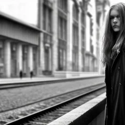 A young German woman with long hair and a black trench coat longingly waiting for her lover at a train station in Munich