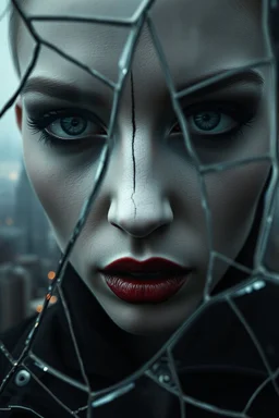 Close-up shot. A cracked pale face deep gaze dark makeup and lips figure through looking a fractured cracked glass pane, revealing glimpses of a surreal hightech cityscape. Hyperrealistic, sharp focus, intricate details, surreal style by Dali, Bosch, Kandinsky, beautifully shot. High contrast, cinematic, dark gloomy, atmospheric, moody. 64 megapixels, perfect compositi