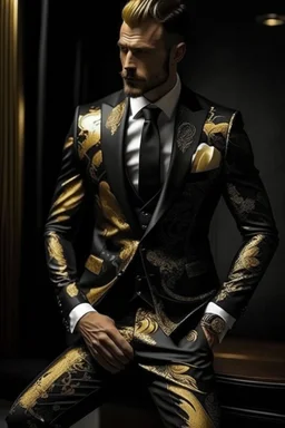 Luxurious black men's wedding suit patterned with white gold on the sleeves