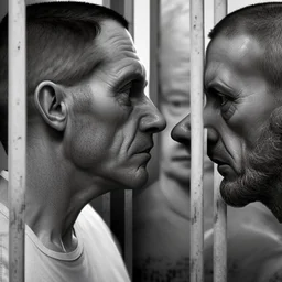 realistic, two italian prisoners 44 years old kissing in prison behind bars, dirty, ugly, bullneck, muscular tubby, in tank top, long hairs, manly chest, misery and poverty, emotive eyes, photo 50mm lens, side view, photorealistic, ultradetailed