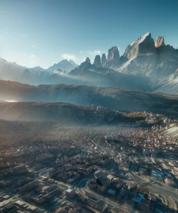 Extreme long shot, Birds Eye view, Alpes skyline, smooth, god rays, unreal engine 5, ray tracing, RTX, lumen lighting, ultra detail, volumetric lighting