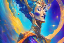A surreal, Salvador Dali-inspired full body portrait of Nana Visitor as a Bejoran with her facial features melting and morphing into a dreamscape filled with whimsical and bizarre elements, showcasing the fluidity and boundlessness of the human imagination. HD 4K, scientific detail
