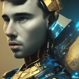 portrait front, face lionel messi, robot, golden, argentina flag intricate, sci-fi, cyberpunk, future,