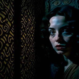 Strong texture, photorealism, Caravaggio. Intricate patterns, hypermaximalist. Surreal, eerily mysterious, pastel colors. Italian horror, Dario Argento. Movie shot, spooky horror. 33mm photography.