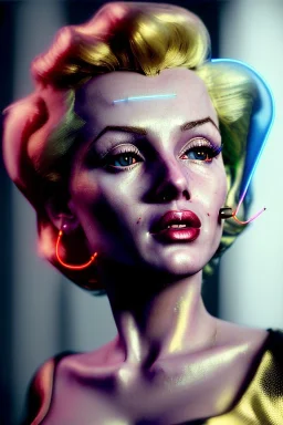 Ultra Realistic image, portrait, blonde woman, sweet Marylin Monroe face, perfect iris, glow eyes, gold makeup, wires attached to head. Cyberpunk style, latex coat, fog, rain, soft color, highly detailed, unreal engine 5, ray tracing, RTX, lumen lighting, ultra detail, volumetric lighting, 3d, finely drawn, high definition, high resolution.