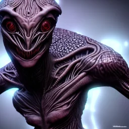 Evil humanoid alien with dark rough skin with scales, concept art, hyper realistic, photorealistic