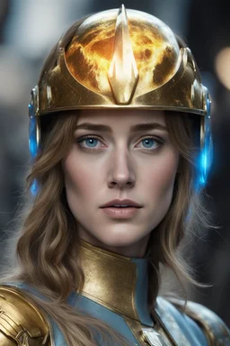 Dakota Johnson A commander with a golden helmet and eyes with flaming light blue pupils