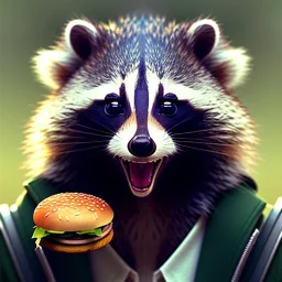 portrait of a male anthropomorphic raccoon holding a burger. character design by cory loftis, fenghua zhong, ryohei hase, ismail inceoglu and ruan jia. unreal engine 5, artistic lighting, highly detailed, photorealistic, fantasy.