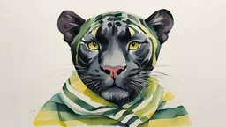 a watercolour panther wearing a striped neckerchief a green and yellow striped shirt