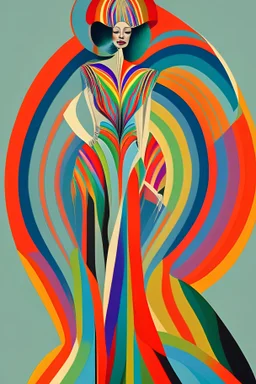 Woman dressed in rainbow prints style of erte