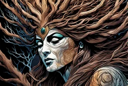 abstract expressionist comic book style illustration of a pagan druid priestess, bristlecone pine sculpture , dark and dry branches, harmony, intricately detailed, closed eyes, highly detailed facial features, ethereal, otherworldly, the smell of the ancient essence of eternity in vibrant natural color