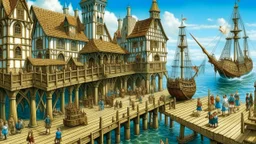 gothic medieval wooden harbour with piers and ships, people, shops, bridges, arches, balconies, taverns, blue sky