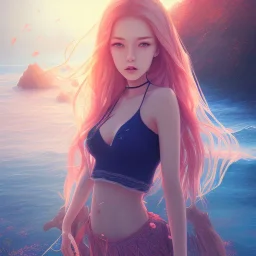 beautiful girl day, sunny, relaxing, sea, trees, real details anime style, realistic, glowing beach