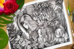 Lilith, Goddess, tropical flowers, realistic heart drawing, crystals, tropical leaves, sacred altar, Fantasy home.