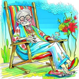 Whimsical drawing of a 70-year-old old lady dressed like a hippie from the 1960s, with a colorful headscarf covering her white headscarf, Yoko Ono-style sunglasses, a shirt with the symbol of the peace movement, floral long sleeves, sandals with red, green, blue striped socks Vesgol is relaxing in a rocking chair outside, holding a beer mug in one hand and a whiskey bottle in the other, next to her is a small table with a pile of empty beer bottles, Y. The peaceful setting includes a stunning vi