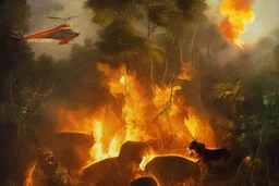 helicopter burning in the jungle the Panter is watching on fire by Caravaggio