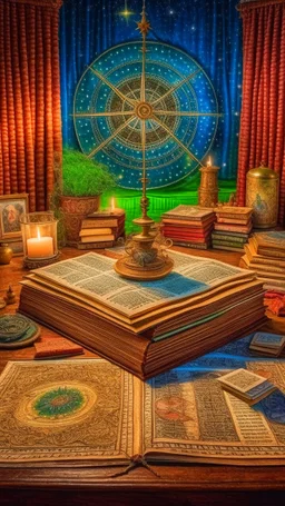 Rain and storm of books, compass, stars at the creepy house of the antique maps, diorama in the style of Alphonse mucha