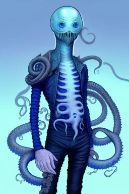 16 year old boy warlock with milky blue eyes, and lamprey tentacle growing out of his belly. in the style of HR Giger