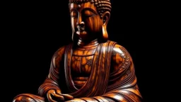 Buddha made of lacquered polished walnut burl and Mahogany, dynamic contrast, depth mapped