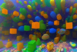 One mile tall underwater plastic city Towers made out of stacked Rubik's Cubes, Orange, white, blue, green. Jewel tones