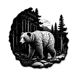 Sticker design on white background, Teddybear walking in a forest, in liberty art style, side light, high details, photorealistic, monochrome, black and white