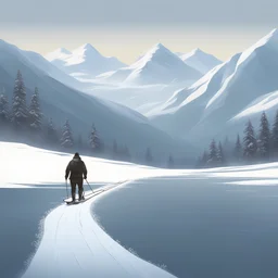 Large man pulling a sled in the far distance, snowy mountains, icy, realistic