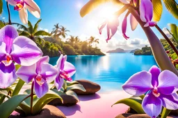 magic garden with orchid, white or parma or blue light effects colors, sun, realistic, very detailed, pink orchid, sea and lagoon in the background of the tropical park, high contrast, 8k, high definition, concept art, sharp focus
