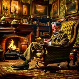 An English gentleman wearing a checkered tweed jacket, wearing slippers, sitting in a wing chair by the burning fireplace, listening to music emanating from an old gramophone, in the background an antique radio receiver standing on a dresser, a bookcase and an oil painting of Queen Victoria, realistic shot, taken indoors In yellowish light, nostalgic atmosphere, 12K