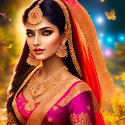 bright indian fairy, beautiful portrait, flowery landscape