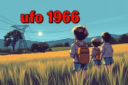bumper sticker design in long rectangle, westall in bold heading text ufo 1966, lots of school children looking up in a field with high voltage powerline and gumtree's, mysterious cool, bold