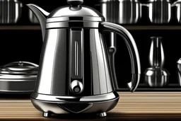Create a picture of Farberware coffee percolator placed on a kitchen shelf. create picture from wide angle