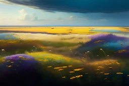 An expansive, rolling prairie with vibrant, multi-colored grasses and wildflowers, stretching to the horizon under an endless sky, evoking a sense of freedom and boundlessness.