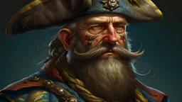 "Craft a vivid portrait of a pirate captain: with an eyepatch, adorned with a braided beard, and a hat tilted at a rakish angle. His eyes gleam with a calculated intensity, and perched on his shoulder is a mysterious bird, serving as both companion and harbinger of his nautical exploits. Dive into the details of his weathered face, etched with tales of a life on the high seas, and convey the aura of command and adventure that surrounds this charismatic leader. What secrets and stories might lie