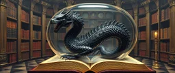master oil painting by Escher and Giger, ancient library book obsidian fluffy chrome black serpent dragon inside huge transparent vase and with gold, master 3d models, book of the dead