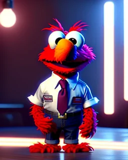 hybrid character, Elmo muppet head, real man body, human arms and hands, Shirt and tie, concept art, smooth, unreal engine 5, god lights, ray tracing, RTX, lumen lighting, ultra detail, volumetric lighting, 3d, finely drawn, high definition, 4k.