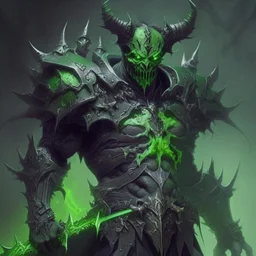 demonio de armadura verde y negro con una espada negra incrustada en su pecho
